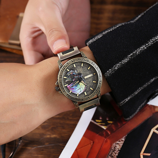 创意骷髅头机械手表男士时尚复古腕表钢带潮流学生韩式装饰表