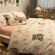 ins韩式小熊熊粉色，少女心床上四件套，全棉纯棉可爱卡通三件套被套