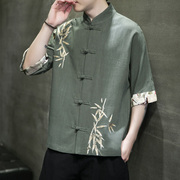 夏季中国风亚麻衬衫男短袖衬衣中式改良汉服，唐装刺绣棉麻半袖上衣