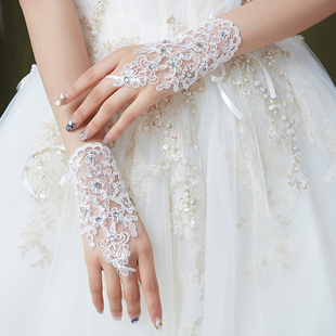 韩式简约婚纱礼服手套新娘，短款蕾丝绑带，白色演出亮片红色手套夏季