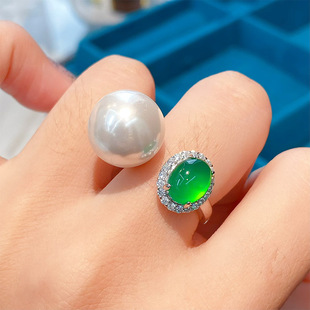 vintage天然冰透绿玉髓玛瑙满钻开口戒指女气质时尚珍珠指环饰品