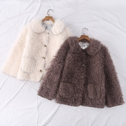 冬季时尚有范娃娃领羊羔绒皮毛一体系扣短款仿皮草外套18118