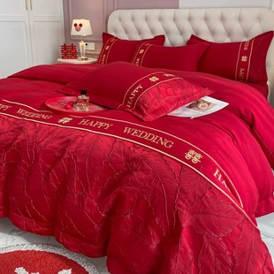 高档简约中式结婚四件套红色床单，被套全棉纯棉，新婚庆(新婚庆)床上用品婚房