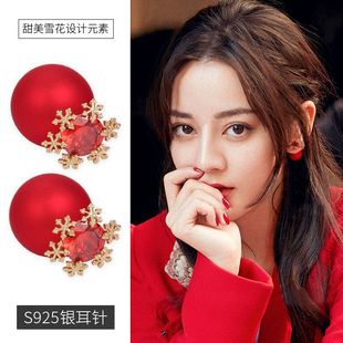 19韩版S925银针雪花红色珍珠耳钉女气质甜美锆石耳环耳饰