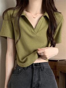 绿色polo短袖t恤女2023夏韩版修身V领纯色打底圆弧下摆领纯棉上衣