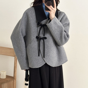 日系小香风双面羊绒大衣女短款小个子设计感高级蝴蝶结羊毛呢外套