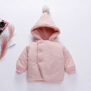女宝宝棉衣外套加绒厚纯粉色个月男童棉袄，连帽幼婴儿羽绒棉服