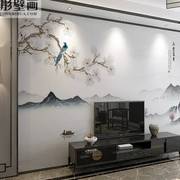 8d新中式山水花鸟墙纸，电视背景墙壁纸简约客厅沙发，影视墙壁画墙布