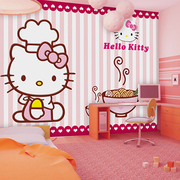 粉色卡通hellokitty猫儿童房墙纸，公主房女孩卧室，背景环保墙布壁画