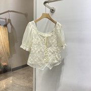 台湾货法式公主风蕾丝衫，2023夏韩版显瘦方领短袖收腰百搭上衣