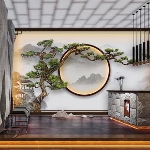 8d新中式墙纸意境山水，迎客松养生馆足疗，店背景墙壁画饭店茶室壁纸