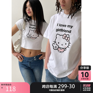 粉红蘑菇 hellokitty情侣装T恤短袖女男夏白色上衣设计感小众