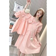 韩版炸街亲子装2024夏季母女装珍珠领连衣裙女童短袖公主裙子