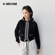 商场同款x--moom秋季显瘦双拉链，连帽针织长袖，开衫外套女