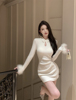 新中式改良旗袍连衣裙女秋冬季毛毛长袖，裙子白色收腰包臀短裙