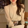 韩国chic甜美优雅立领珍珠拼接雪纺上衣微透宽松百搭泡泡袖衬衫女