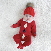 春秋冬男宝宝婴儿红色满月婴幼儿绅士针织毛衣连体哈衣长爬服