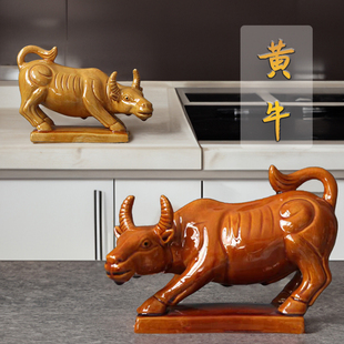 黄牛摆件唐三彩陶瓷牛，客厅摆设生肖瓷牛补缺角办公室小水牛工艺品