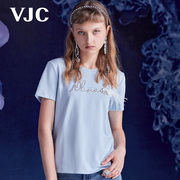 vjc威杰思秋冬女装，蓝色圆领短袖t恤字母，印花修身上衣
