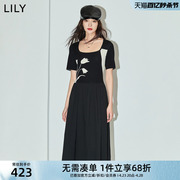 LILY2024夏女装浪漫复古气质方领针织拼接高腰连衣裙小黑裙女