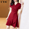 2024夏季红色v领连衣裙，高级感法式复古气质，名媛女神范红裙子