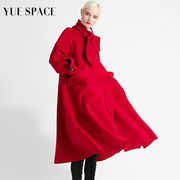 悦空间红色双面毛呢斗篷大衣女，宽松长款大摆时尚欧美秋冬羊毛外套