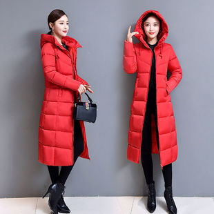 2024年冬季羽绒棉服，红色中长款棉衣过膝修身显瘦加厚连帽外套