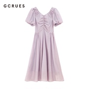 gcrues小个子法式v领灯笼袖短袖连衣裙女夏季收腰褶皱中长款裙子