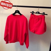 2020秋冬大红女装，2020宽松套头卫衣，休闲短裤运动服两件套装