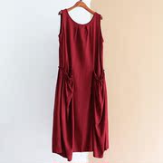 原创棉麻无袖，连衣裙酒红色，个性宽松背心裙