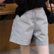 韩版条纹短裤女夏季薄款松紧高腰休闲小个子阔腿直筒宽松通勤短裤