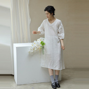 绽放520朵黑白灰系列苎麻秋麻法式宫廷袖白色棉麻连衣裙夏季