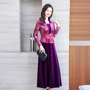 紫色连衣裙胖中年妈妈婚宴，大码丝绒假两件西装礼服裙新年高级质感