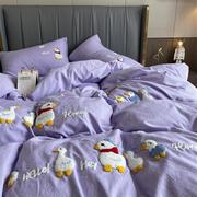 Hey!一群鸭紫色水洗棉C四件套可爱毛巾绣被套床单床笠舒适床品1.8