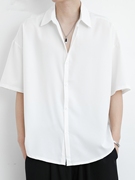 痞帅冰丝短袖白衬衫，男夏季潮大码休闲外套，高级垂感宽松五分袖衬衣