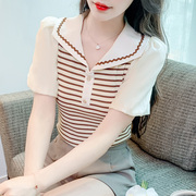 韩版娃娃领T恤女装短袖夏设计感时尚减龄条纹拼色泡泡袖上衣
