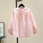 小清新文艺范圆领(范圆领)灯笼袖粉色衬衫，女2024春季宽松长袖衬衣上衣