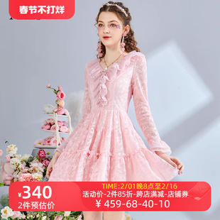 艾丽丝2024春季粉色，蝴蝶结v领短款连衣裙优雅白色蕾丝仙女裙