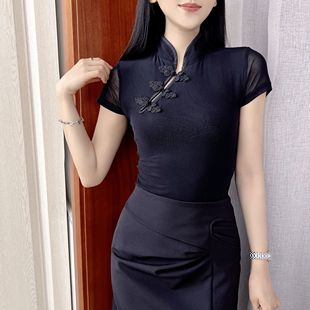 夏季中国风娃娃盘扣复古立领旗袍式改良短袖网纱上衣女