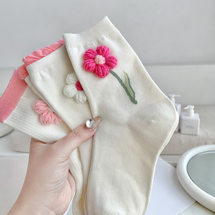 白色袜子女中筒夏季女款可爱纯棉日系春夏长袜粉色拼色立体花朵
