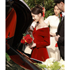 一字肩敬酒服新娘酒红色平时可穿订婚连衣裙丝绒冬季结婚礼服
