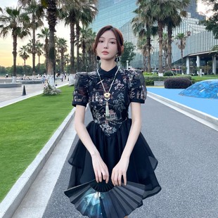 黑色改良拼接旗袍女 夏季新中式国风年轻款欧根纱刺绣连衣裙