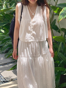 韩国chic夏季法式小清新V领无袖背心衬衫+刺绣镂空提花半身裙套装