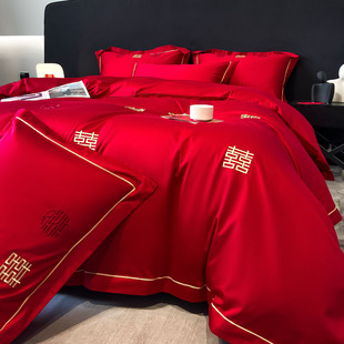 结婚床上四件套纯棉大红色女方陪嫁新婚庆(新婚庆，)喜被床上用品一整套七件