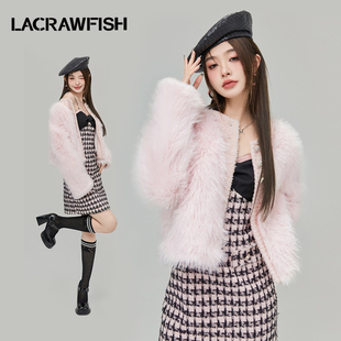 曹曦月同款LACRAWFISH韩系千金小香风粉色甜美毛绒环保皮草外套女