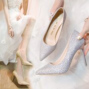 礼服高跟鞋女细跟银色亮片，婚纱照单鞋中跟5-7cm性感新娘秀禾婚鞋