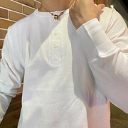 白色100%全棉亨利领重磅长袖，t恤衫美式复古基础，款厚实打底上衣春