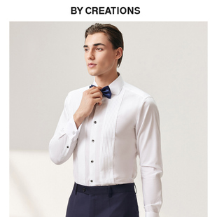 法式风琴褶纯棉商务白色衬衫，男修身职业结婚礼服长袖西装衬衣