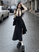 日系学院风吊带连衣裙，女学生韩版宽松中长款不规则背带裙子两件套