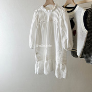 特2024韩版女童裙子长裙儿童，纯色长袖韩系荷叶领白色连衣裙